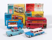 CORGI: Late 1960s Group of Commercial Vehicles Consisting of Austin A60 De Luxe Saloon Motor School Car (236) – Light Blue with Silver Stripe and Red Interior, Also Comes with Original Highway Code Leaflet; And, Plymouth U.S. Mail (443) – Blue and White w