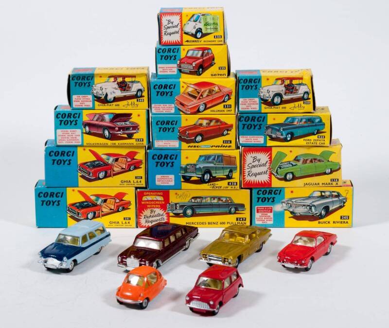 CORGI: Late 1960s Group of Model Cars Including Jaguar Mark X (238) – Red with Yellow Interior; And, Buick Rivera (245) – Gold with Red Interior; And, Mercedes Benz 600 Pullman (247) – Red with a Cream Interior and Working Windscreen Wiper Mechanism. All