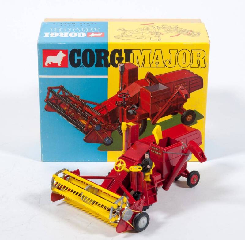 CORGI: 1960s 'Corgi Major' Massey Ferguson 780 Combine Harvester (1111) – Red with Red Wheels and Yellow plastic tines. Mint in original yellow and blue lift off cardboard box with correct packing pieces.