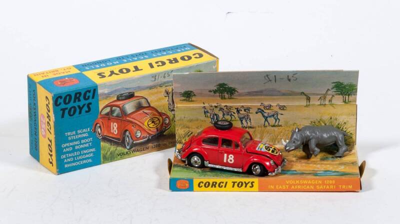 CORGI: Late 1960s Volkswagen 1200 ‘East African Safari Trim’ (256) – red with a brown Interior and Rhino figure. Mint in original yellow and blue cardboard packaging with correct inner pictorial display stand.