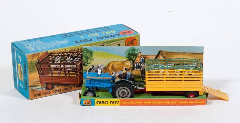 CORGI: Late 1960s Early 1970s Ford 5000 Super Major Tractor with Beast Carrier and Animals Gift Set (GS1). Mint in original yellow and blue cardboard packaging with correct inner pictorial display stand. 