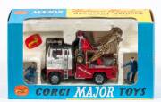 CORGI: Late 1960s to early 1970s ‘Corgi Major’ Ford Holmes Wrecker Recovery Vehicle (1142) – Red and White with Gold Booms and 2 Mechanic figures. Mint in original yellow and blue cardboard window box with correct instruction leaflet.