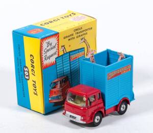 CORGI: Late 1960s to Early 1970s Chipperfield’s Circus Giraffe Transporter with Giraffes (503) – Red with Blue Carrier and 2 Giraffe Figures. Mint in original yellow and blue cardboard picture box. 