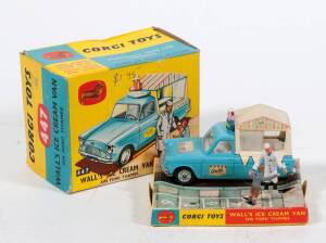 CORGI: Late 1960s Ford Thames Walls Ice Cream Van (447) – pale blue with two figures of an Ice Cream Vendor and Child. Mint in original yellow and blue cardboard packaging with correct inner pictorial display stand.