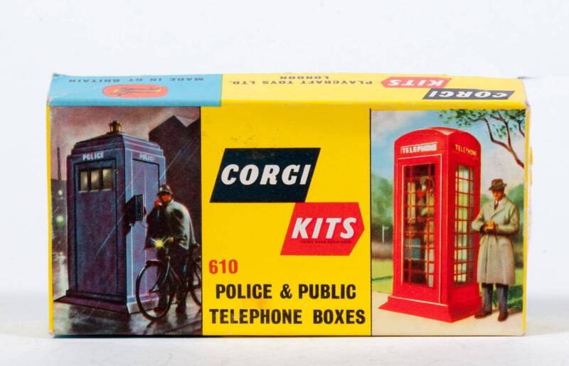 CORGI: 1960s ‘Corgi Kits’ Metropolitan Police and Public Telephone Boxes (610). Unbuilt and in its original yellow and blue cardboard box with original instruction leaflet. 