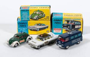 CORGI: Late 1960s Group of Emergency Vehicles Consisting of Commer Police Van with Flashing Light (464) – Blue with Red Interior and Blue Light; And, Chevrolet Police Car (481) – Black and White with Yellow Interior; And, Volkswagen European Police Car (4