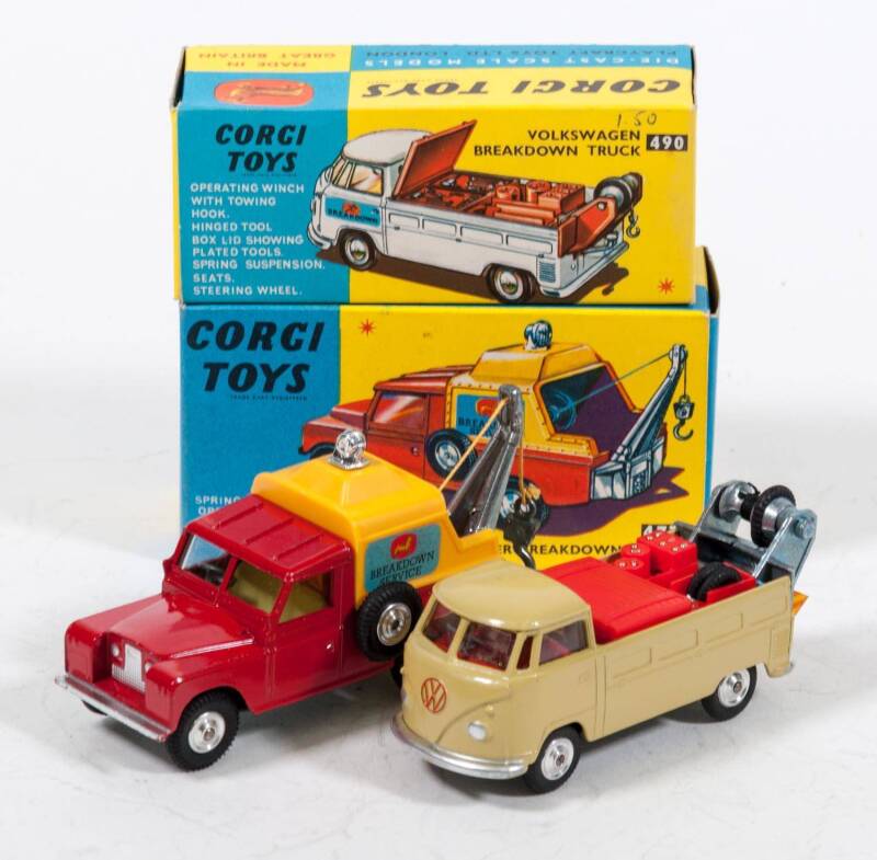 CORGI: Late 1960s to early 1970s pair of Breakdown Service Trucks consisting of Land Rover Breakdown Truck (477) – Red with Yellow Canopy and Yellow Interior; and, Volkswagen Breakdown Truck (490) – Yellow/Green with Red Interior and two Spare Tires. Both