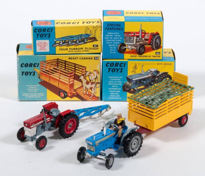 CORGI: Late 1960s to Early 1970s Group of Farm Vehicles and Accessories Consisting of Beast Carrier  (58) – Yellow with Plastic Cattle Figures and Net; And, Four Furrow Plough with Plated Shares (61; And, Massey-Ferguson 165 Tractor (66) – Red; And, Ford