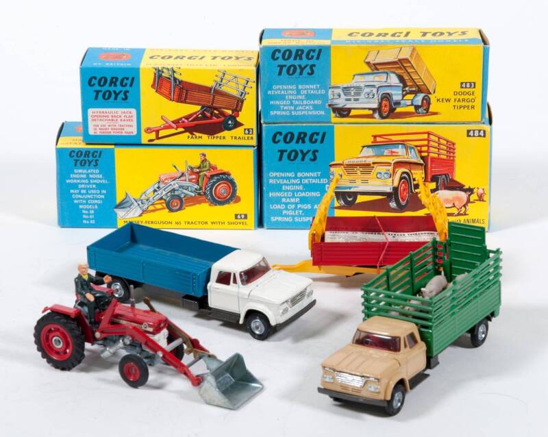 CORGI: Late 1960s to Early 1970s Group of Farm Vehicles and Accessories Consisting of Farm Tipper Trailer (62) – Red and Yellow; And, Massey-Ferguson 165 Tractor with Shovel (69) – Red with Silver Shovel and Plastic Driver Figure; And, Dodge ‘Kew Fargo’ L