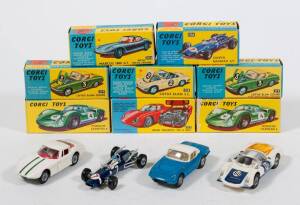 CORGI: Late 1960s to Early 1970s Group of Sports and Racing Cars Including Copper-Maserati Formula 1 (156) &ndash; Dark Blue with Plastic Driver; And, Lotus Elan S2 (318) &ndash; Metallic Blue with Black Interior and Folding Seats; And, Porsche-Carrera 6 (330) &ndash; Whit