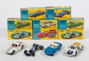 CORGI: Late 1960s to Early 1970s Group of Sports and Racing Cars Including Copper-Maserati Formula 1 (156) &ndash; Dark Blue with Plastic Driver; And, Lotus Elan S2 (318) &ndash; Metallic Blue with Black Interior and Folding Seats; And, Porsche-Carrera 6 (330) &ndash; Whit