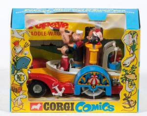 CORGI: Late 1960s to early 1970s ‘Corgi Comics’ Popeye Paddle-Wagon (802) – complete with all figures and Swing Boat. Mint in yellow and blue windowed box with original pictorial inner display. Slight damage to front cellophane.