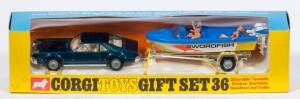 CORGI: Late 1960s to Early 1970s Oldsmobile Toronado, Glastron Sportsman Speedboat and Trailer Gift Set (GS36) &ndash; Green Car with Cream Interior and Blue/Yellow &lsquo;Swordfish&rsquo; Boat. Also Comes with Three Boating Figures. Mint in yellow and blue windowed box wi