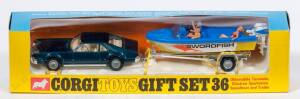 CORGI: Late 1960s to Early 1970s Oldsmobile Toronado, Glastron Sportsman Speedboat and Trailer Gift Set (GS36) – Green Car with Cream Interior and Blue/Yellow ‘Swordfish’ Boat. Also Comes with Three Boating Figures. Mint in yellow and blue windowed box wi