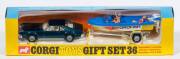 CORGI: Late 1960s to Early 1970s Oldsmobile Toronado, Glastron Sportsman Speedboat and Trailer Gift Set (GS36) &ndash; Green Car with Cream Interior and Blue/Yellow &lsquo;Swordfish&rsquo; Boat. Also Comes with Three Boating Figures. Mint in yellow and blue windowed box wi
