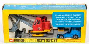 CORGI: Late 1960s to Early 1970s 'Corgi Major' Bedford Machinery Carrier and Priestman &lsquo;Cub&rsquo; Shovel Gift Set (GS27) &ndash; Light Blue Truck with Orange/Yellow Cub and Plastic Driver Figure. Mint in yellow and blue windowed box with original polystyrene packing
