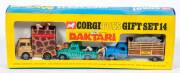 CORGI: Late 1960s to early 1970s &lsquo;Daktari&rsquo; TV Gift Set (GS14) consisting of Bedford Transporter &ndash; Beige/Brown Giraffe Pattern and 2 Giraffe figures, Land Rover &ndash; Green/Black Stripes complete with Dr Marsh Tracy, Judy The Chimp, Paula with Clarence the Cro
