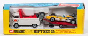 CORGI: Late 1960s to early 1970s Volkswagen Breakdown Truck with Trailer and Corgi Styled Cooper-Maserati F/1 Gift Set (GS25) –White with Red Interior Breakdown Truck and Orange/White F/1 Car on Red Trailer. Mint in original yellow and blue windowed box w