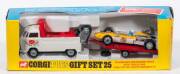 CORGI: Late 1960s to early 1970s Volkswagen Breakdown Truck with Trailer and Corgi Styled Cooper-Maserati F/1 Gift Set (GS25) &ndash;White with Red Interior Breakdown Truck and Orange/White F/1 Car on Red Trailer. Mint in original yellow and blue windowed box w