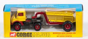 CORGI: Late 1960s to early 1970s &lsquo;Corgi Major&rsquo; Mercedes Unimog 406 and 10T Goose Dumper (1145) - Yellow and Dark Red. Mint in original yellow and blue windowed box with original plastic packing pieces.