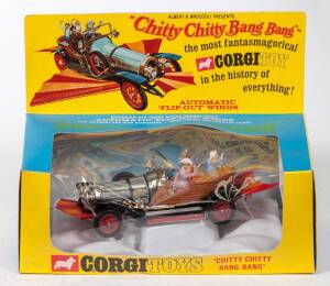 CORGI: Late 1960s to early 1970s Chitty Chitty Bang Bang Automobile (266) – with working automatic Flip Out Wings and figures of Caracticus Potts, Truly Scrumptious, Jeremy & Jemima. Mint in original yellow and blue windowed box with original plastic clou