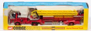 CORGI: Late 1960s to 1970s &lsquo;Corgi Major&rsquo; Aerial Rescue Truck (1143) &ndash; Red with Yellow Telescopic Ladder and Six Plastic Firefighter Figures. Mint in original yellow and blue windowed box with original polystyrene packing peices.