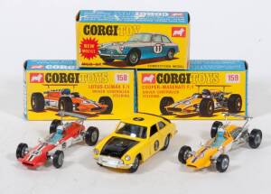 CORGI: Late 1960s to Early 1970s Group of Sports and  Racing Cars Consisting of Lotus-Climax F/1 Driver Controlled Steering (158) – Orange and White; And, Copper Maserati F/1 (159) – Yellow and White; And, MGC G.T Competition Model (345) – Yellow and Blac