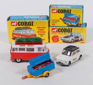 CORGI: Late 1960s to Early 1970s Group of Model Vehicles and Accessories Consisting of Pennyburn Workmen&rsquo;s Trailer (109) &ndash; Blue and Yellow with Figures of Shovel, Pickaxe and Broom; And, Police &lsquo;Panda&rsquo; Imp (506) &ndash; Black and White with Brown Interior; And,