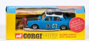 CORGI: Late 1960s to Early 1970s Hillman Hunter &lsquo;London to Sydney Marathon Winner&rsquo; (302) &ndash; Blue with White Roof, Black Bonnet and Grey Interior. Also Comes with Plastic Kangaroo Figure. Mint in original yellow and blue windowed box with original cardboard