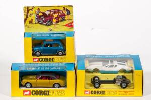 CORGI: Late 1960s to Early 1970s Group of Model Cars Consisting of Ghia 5000 Mangusta with De Tomaso Chassis (271) &ndash; White and Blue; And, Mini Cooper &lsquo;Magnifique&rsquo; (334) &ndash; Blue; And, Chevrolet SS 350 Camaro (338) &ndash; Gold with Black Plastic Roof. All mint to