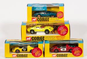 CORGI: Early 1970s group of ‘Red Spot Whizzwheels’ consisting of Lamborghini P400 GT Miura Fighting Bull (342) – Greenish Yellow with Plastic Bull Figure.and, A Pair of Ferrari 206 Dino Sports (344) – One Yellow with Black Doors and the other Red with Whi