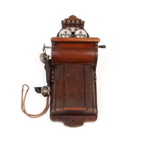 ERICSSON WALL PHONE: Walnut case with original hand piece and bells circa 1901. 75cm