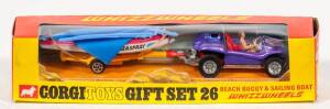 CORGI: Early 1970s &lsquo;Whizzwheels&rsquo; Beach Buggy & Sailing Boat Gift Set (GS26) &ndash; Purple with red and white &lsquo;Seaspray&rsquo; Boat on yellow trailer. Mint in original yellow and red windowed box with original cardboard packing display.