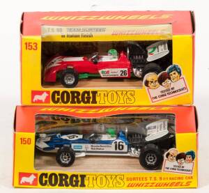 CORGI: Early 1970s pair of ‘Whizzwheels’ Formula 1 Race Cars consisting of Surtees T.S. 9 F/1 Racing Car (150) – blue with racing number 16; and, T.S.9B Team Surtees in Italian Finish (153) – red and green with racing number 26. Both mint in original yell