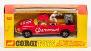CORGI: Early 1970s &lsquo;Whizzwheels&rsquo; Citroen DS Conversion Tour De France &lsquo;Paramount&rsquo; Team Manager&rsquo;s Car (510) &ndash; red with plastic figures and plastic bicycle wheels. Mint in original yellow and red windowed box with original cardboard packing pieces.