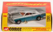 CORGI: Early 1970s &lsquo;Whizzwheels&rsquo; Rolls Royce Silver Shadow (280) &ndash; Blue and Silver with Brown Interior. Mint in original yellow and red windowed box with original packing pieces.&nbsp;