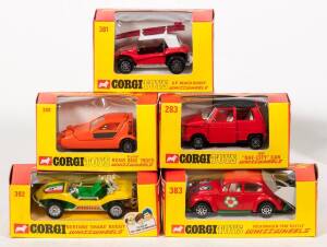 CORGI: Early 1970s Group of ‘Whizzwheels’ Model Small Cars Including OIS ‘DAF-City’ Car (283) – Red with Black Roof; And, Volkswagon 1200 ‘Beetle’ (383) – Red with Flower Stickers; And, Reliant Bond Bug 700ES (389) – Orange. All mint in original yellow an