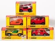 CORGI: Early 1970s Group of &lsquo;Whizzwheels&rsquo; Model Small Cars Including OIS &lsquo;DAF-City&rsquo; Car (283) &ndash; Red with Black Roof; And, Volkswagon 1200 &lsquo;Beetle&rsquo; (383) &ndash; Red with Flower Stickers; And, Reliant Bond Bug 700ES (389) &ndash; Orange. All mint in original yellow an