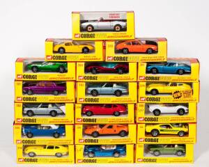 CORGI: Early 1970s Group of ‘Whizzwheels’ Model Cars Including Mangusta De Tomaso (203) – Dark Metallic Green, And, Rover 2000 TC (281) – Metallic Purple; And, 5.3 Litre V12 Jaguar ‘E’ Type Series 3 (374) – Yellow in an old 4.2 Litre Jaguar Box with ‘New 