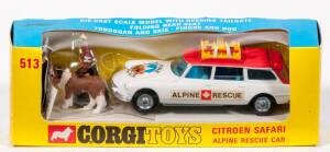 CORGI: Early 1970s Citroen Safari Alpine Rescue Car (513) – White with Red Roof and Plastic Figures of a Dog and Rescuer. Mint in original yellow and blue cardboard windowed box with original cardboard packing pieces.  