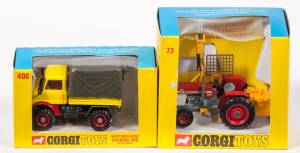 CORGI: Early 1970s Pair of Commercial Vehicles Consisting of Massey-Ferguson ‘165’ Tractor with Saw Attachments (73) – Red and Yellow; And, Mercedes-Benz Unimog 406 with Canopy (406) – Yellow and Red. Both mint in original yellow and blue cardboard window