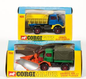 CORGI: 1970s Pair of Unimog’s Consisting of ‘Corgi Major’ Mercedes-Benz Unimog 406 with Snow Plough (1150) – Green with Orange Snow Plough and Plastic Canopy; And, Mercedes-Benz Unimog Rear Dumper (409) – Blue with Yellow Dumper. Both mint in original yel