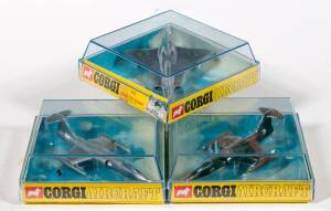 CORGI: 1970s Group of ‘Corgi Aircrafts’ Consisting of a Pair of Lockhead F-104A Starfighters (1303) – One Camouflage Pattern and the other Silver; And, SAAB 35X Draken (1307)- Silver. All mint in original rigid perspex case with yellow carded display base