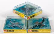 CORGI: 1970s Group of &lsquo;Corgi Aircrafts&rsquo; Consisting of a Pair of Lockhead F-104A Starfighters (1303) &ndash; One Camouflage Pattern and the other Silver; And, SAAB 35X Draken (1307)- Silver. All mint in original rigid perspex case with yellow carded display base