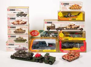 CORGI: Late 1970s to Early 1980s Group of Military Vehicles Including Tank Transporter and Centurion MK. III Tank Gift Set (GS10); And AMX 30D Recovery Tank (908) – with Plastic Figures; And, Quad Tractor, Ammunition Trailer and Field Gun (909). All mint 