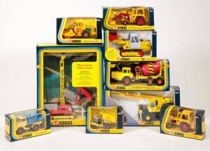 CORGI: Late 1970s to early 1980s group of Construction Vehicles consisting of &lsquo;Corgi Major&rsquo; Skyscraper Tower Crane (1155); and, &lsquo;Corgi Major&rsquo; Warner & Swasey Hydraulic Crane (1101); and, &lsquo;Corgi Major&rsquo; JCB Crawler Loader (1110); and, Raygo Rascal 400 (459)