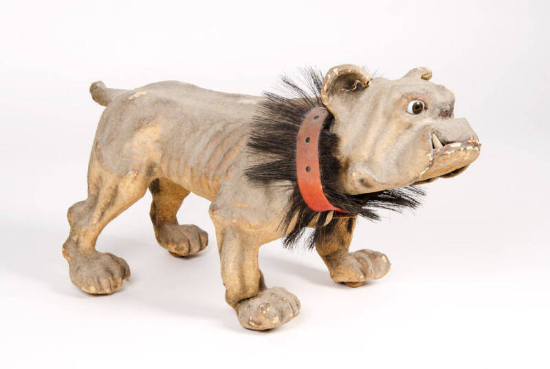 GROWLING BULLDOG: French c1900, composition & wood with glass eyes & growling mechanism. 65cm