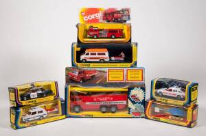 CORGI: Late 1970s to early 1980s group of Emergency Vehicles including HCB-Angus Fireback (1001); and, Chubb Pathfinder Airport Crash Truck (1103) &ndash; with Operational Water Pump; and, Chevrolet-Superior 61 Ambulance (405). All mint in original striped card