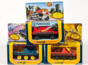 CORGI: Early 1980s Group of X-Ploratrons Consisting of X1 Rocketron (D2023); And, X2 Lasertron (D2024); And, X3 Magnetron (D2026). All mint in original windowed boxes. (3 items)