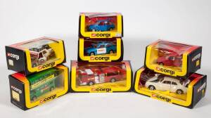 CORGI: 1980s Group of Model Vehicles including Mack Fire Truck (2029); and, ‘Rowntrees Lion Bar’ Routemaster Bus (469); and, Police Ford Escort Car (297). Most mint, all in original cardboard packaging. (35 items)